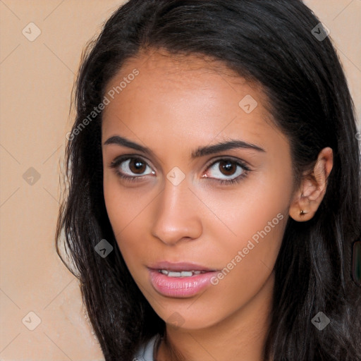 Neutral latino young-adult female with long  brown hair and brown eyes