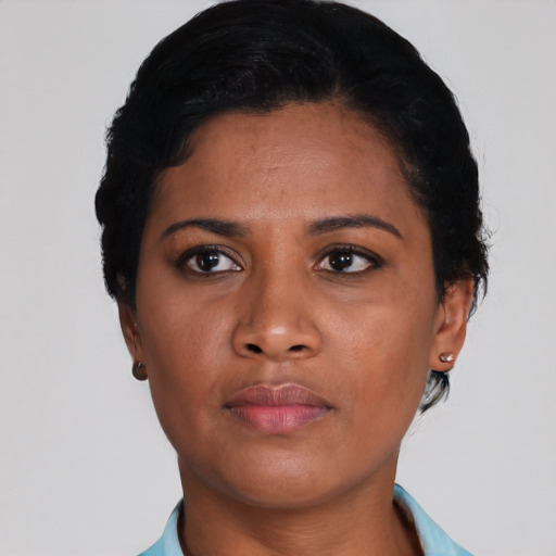 Neutral black young-adult female with short  black hair and brown eyes
