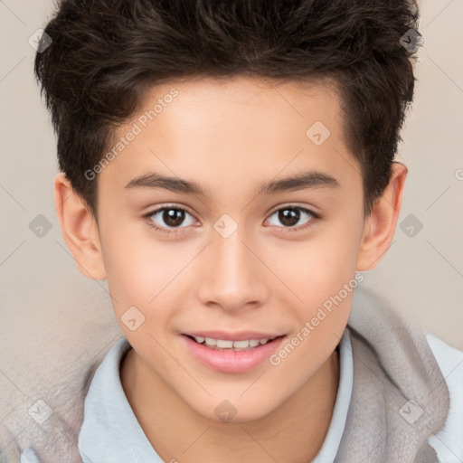 Joyful white child female with short  brown hair and brown eyes