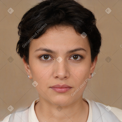 Neutral white young-adult female with short  brown hair and brown eyes