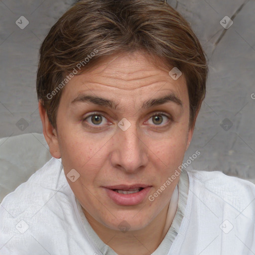 Joyful white adult female with short  brown hair and brown eyes