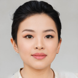 Neutral asian young-adult female with short  black hair and brown eyes