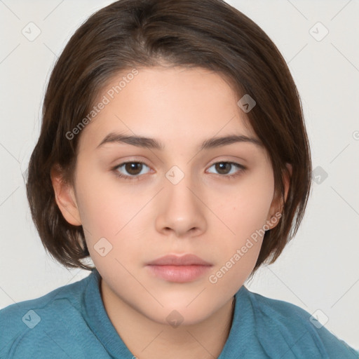 Neutral white young-adult female with medium  brown hair and brown eyes