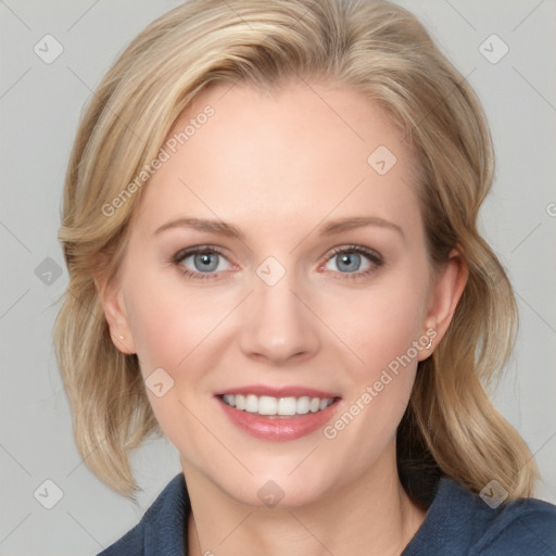 Joyful white young-adult female with medium  brown hair and blue eyes