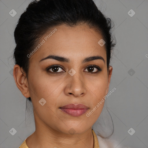 Joyful latino young-adult female with short  brown hair and brown eyes