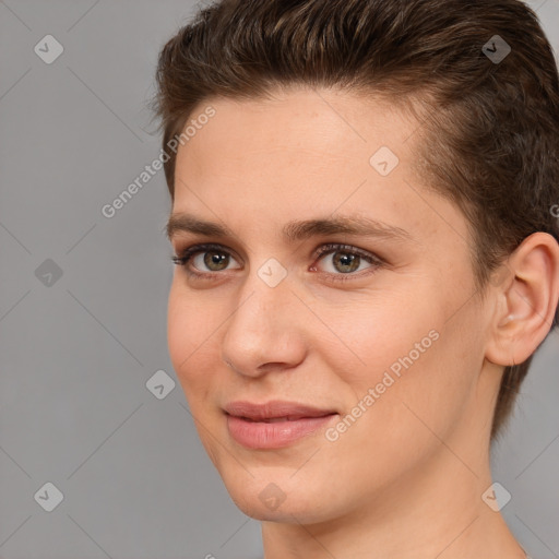 Joyful white young-adult female with short  brown hair and brown eyes