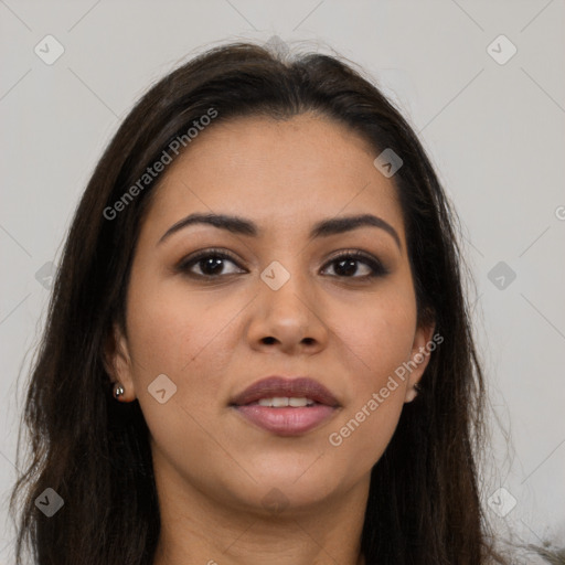 Joyful latino young-adult female with long  brown hair and brown eyes