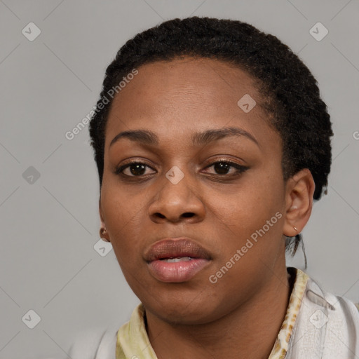 Neutral black young-adult female with short  black hair and brown eyes