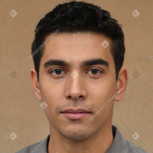 Neutral asian young-adult male with short  black hair and brown eyes