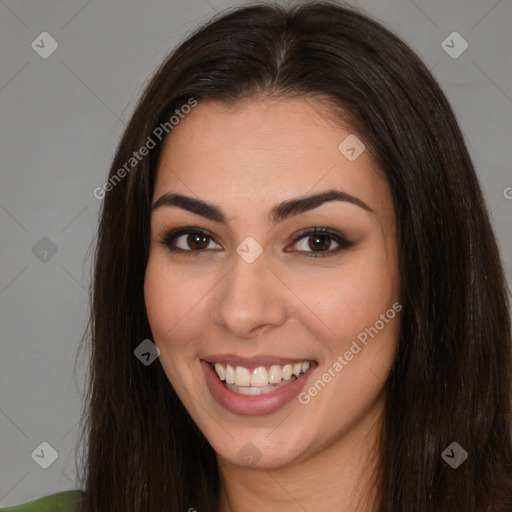 Joyful white young-adult female with long  brown hair and brown eyes