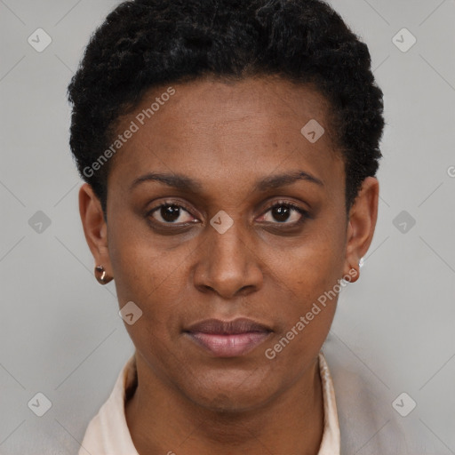 Neutral black young-adult female with short  black hair and brown eyes