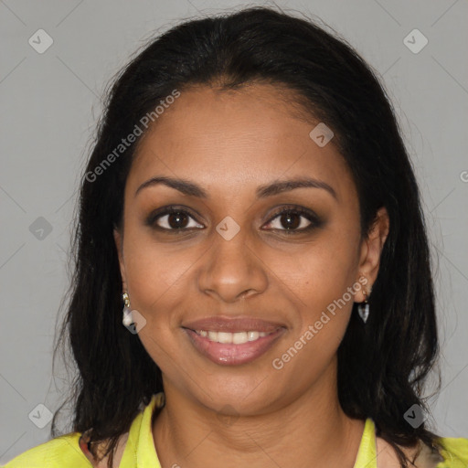 Joyful black young-adult female with medium  brown hair and brown eyes