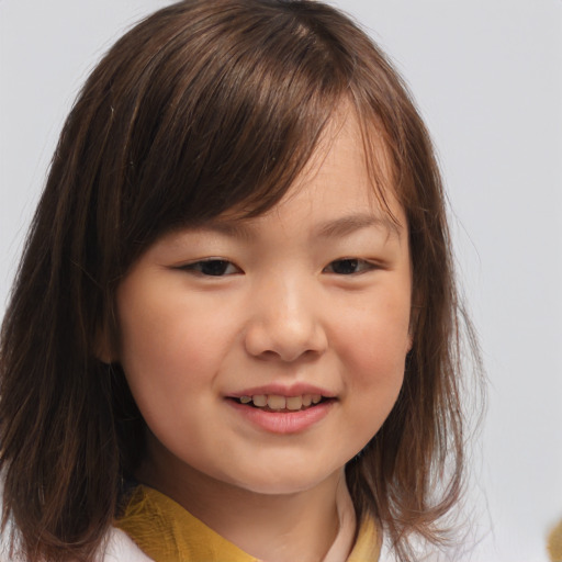 Joyful white child female with medium  brown hair and brown eyes
