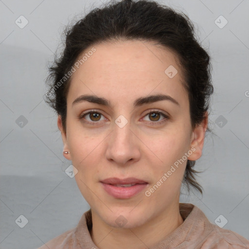 Joyful white adult female with short  brown hair and brown eyes