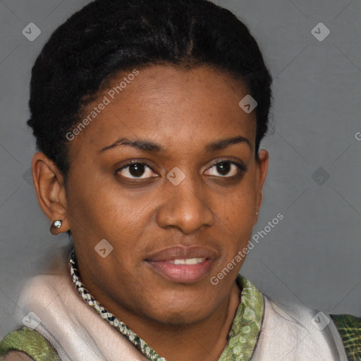 Neutral latino young-adult female with short  brown hair and brown eyes