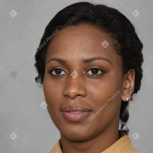 Joyful black young-adult female with medium  black hair and brown eyes