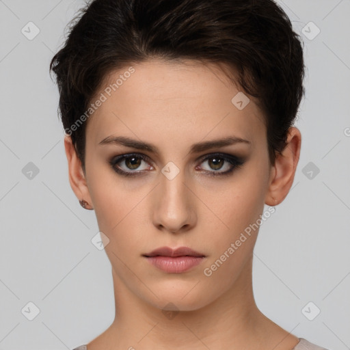 Neutral white young-adult female with short  brown hair and brown eyes