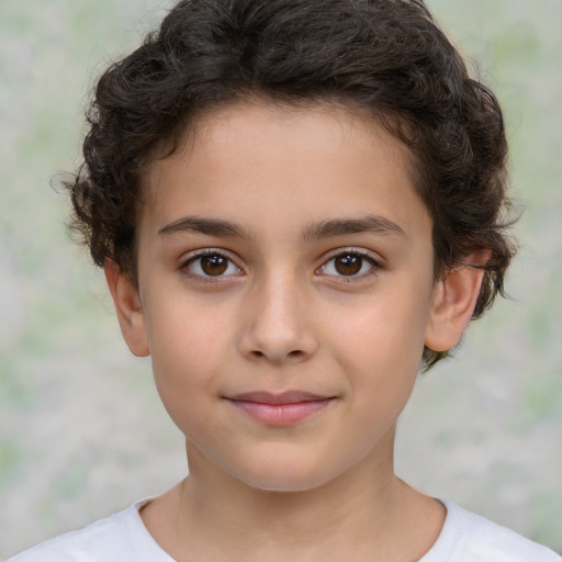 Joyful white child female with short  brown hair and brown eyes