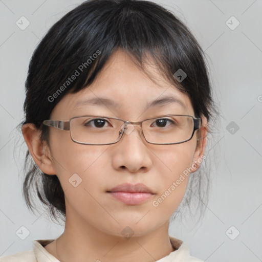 Neutral asian young-adult female with medium  brown hair and brown eyes