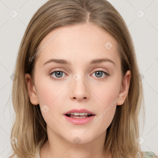 Neutral white young-adult female with medium  brown hair and grey eyes