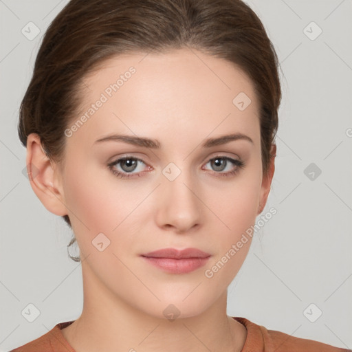 Neutral white young-adult female with short  brown hair and brown eyes