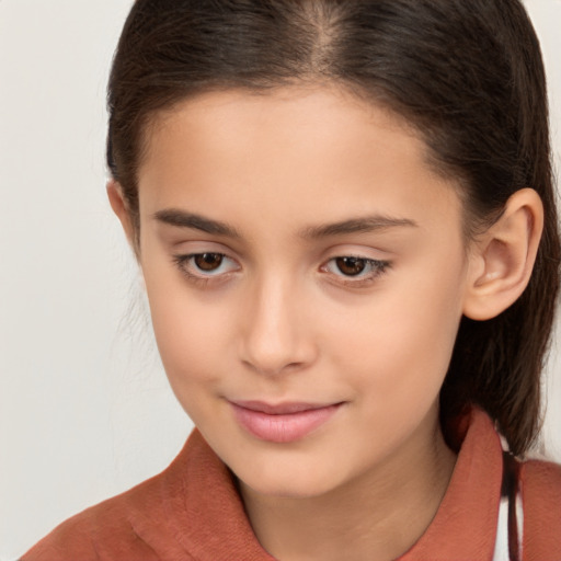 Joyful white child female with medium  brown hair and brown eyes