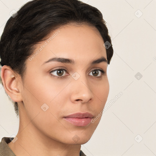 Neutral white young-adult female with short  brown hair and brown eyes