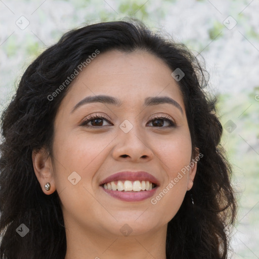 Joyful asian young-adult female with long  brown hair and brown eyes