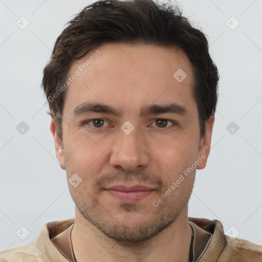 Joyful white young-adult male with short  brown hair and brown eyes