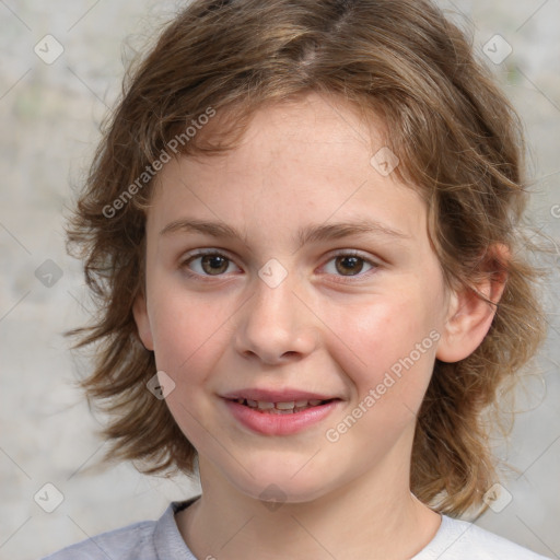 Joyful white child female with medium  brown hair and brown eyes