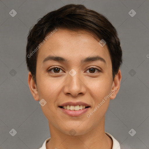 Joyful white young-adult female with short  brown hair and brown eyes