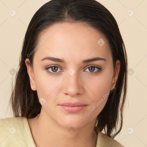 Neutral white young-adult female with medium  brown hair and brown eyes