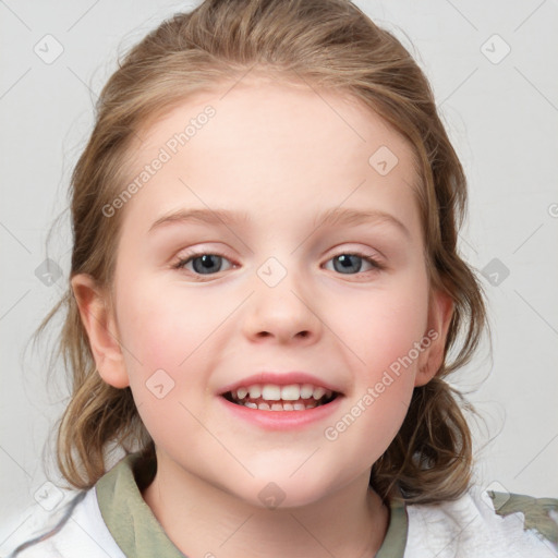 Joyful white child female with medium  brown hair and blue eyes