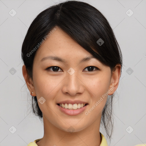 Joyful asian young-adult female with medium  brown hair and brown eyes