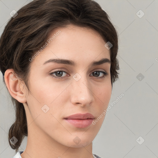 Neutral white young-adult female with short  brown hair and brown eyes