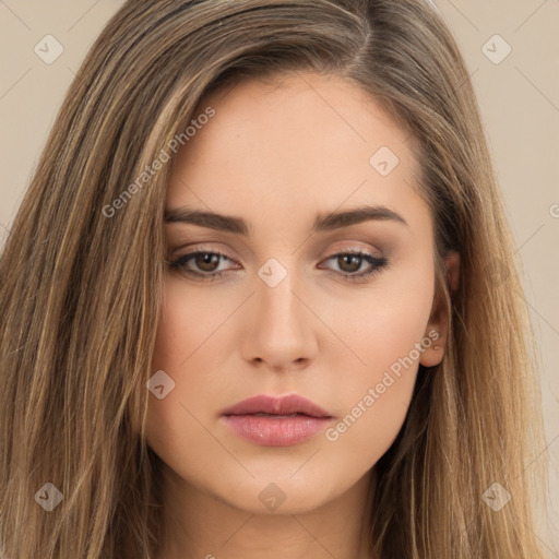 Neutral white young-adult female with long  brown hair and brown eyes