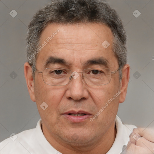 Joyful white middle-aged male with short  brown hair and brown eyes