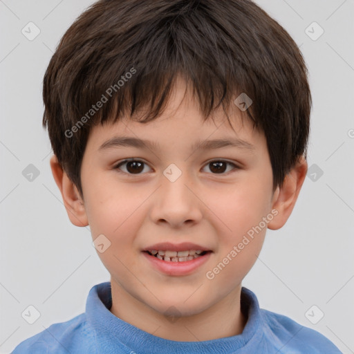 Joyful white child male with short  brown hair and brown eyes