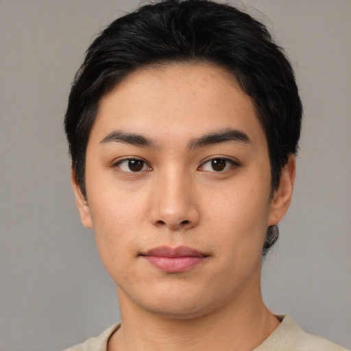 Neutral asian young-adult female with short  black hair and brown eyes