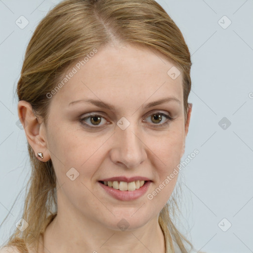 Joyful white young-adult female with long  brown hair and grey eyes