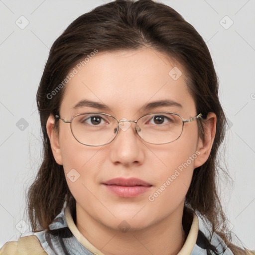 Joyful white young-adult female with medium  brown hair and brown eyes