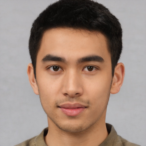 Neutral white young-adult male with short  black hair and brown eyes