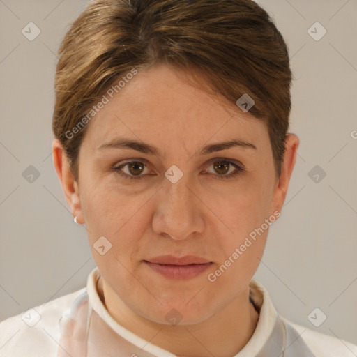 Joyful white adult female with short  brown hair and brown eyes