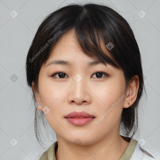 Neutral asian young-adult female with medium  black hair and brown eyes