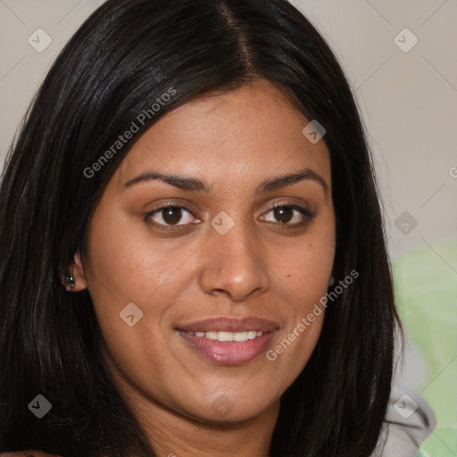 Joyful asian young-adult female with long  brown hair and brown eyes