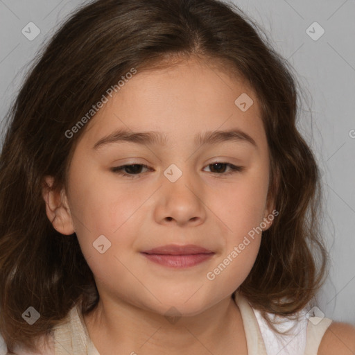 Joyful white child female with medium  brown hair and brown eyes