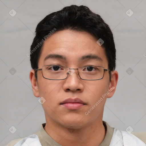 Neutral asian young-adult male with short  black hair and brown eyes