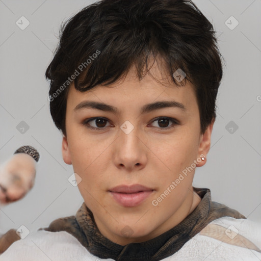 Neutral asian young-adult female with short  brown hair and brown eyes