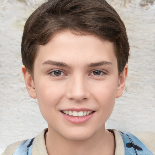 Joyful white child female with short  brown hair and brown eyes