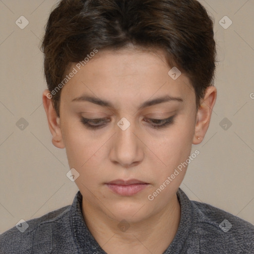 Neutral white young-adult female with short  brown hair and brown eyes